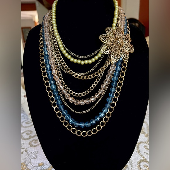 Vintage Multi Strand Statement Necklace w/Floral Openwork Ornament - Picture 7 of 7